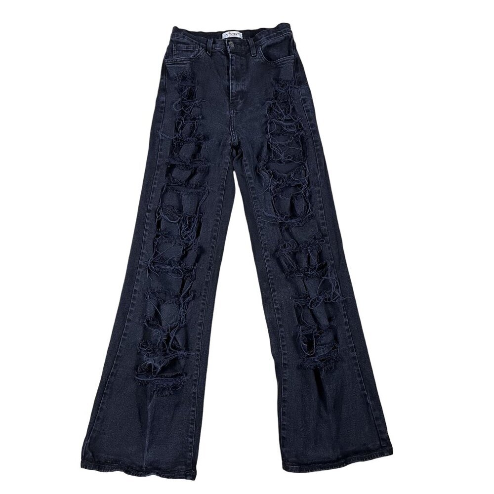 Vibrant Jeans Women 26 Black M.I.U P1072 Distressed Wide Leg High Rise USA